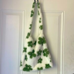 White and Green Floral Fuzzy Bag